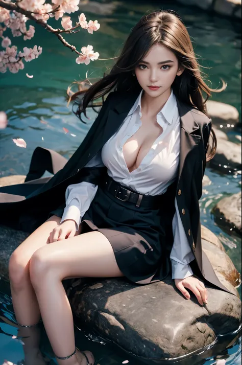 school uniform, long sleeves, black cape, black necktie, wing collar, shirt, belt, skirt, pantyhose, loafers ((photorealistic)), ((masterpiece)), (ultra-detailed), (high quality), beautiful young woman, (Full breasts, visible cleavage), (Very short hemline...