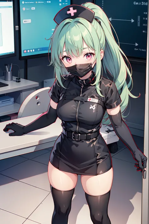 black nurse, 1girl, solo, black nurse cap, black nurse uniform, ((black legwear, zettai ryouiki)), black elbow gloves, ponytail, green hair, pink eyes, ((black surgical mask, covered nose)), standing, ((surgery room)), sharp outline, short sleeves, best qu...