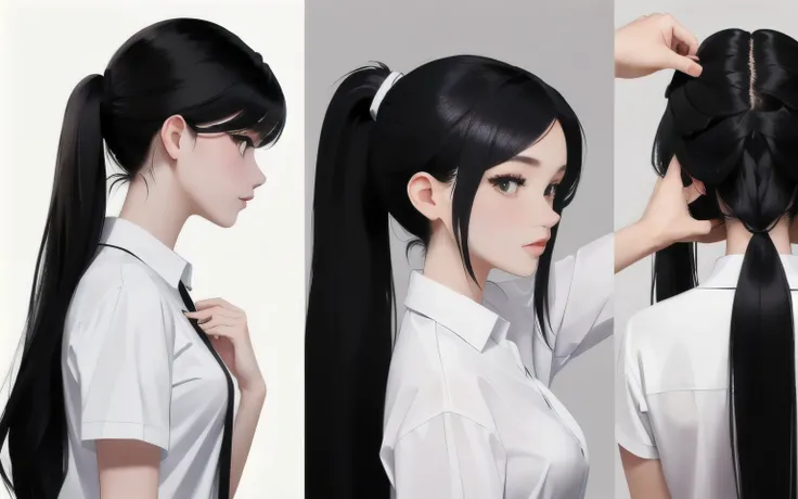  The 20-year-old woman in the photo has long black hair 。Now Im tying her up at the back and wearing a ponytail 。Wearing a white shirt。 transform her into a  girl with black hair and white shirt。