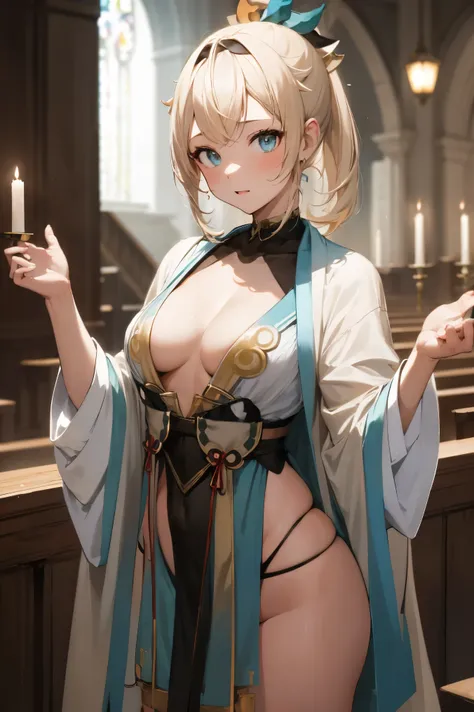 NSFW,masterpiece, best quality, high definition , very detailed,Kazama Iroha、Dancer,Arabian Costume, pelvic curtains , accessories, fantasy standing in a church,Luxurious building, Adventurers Guild, reception counter