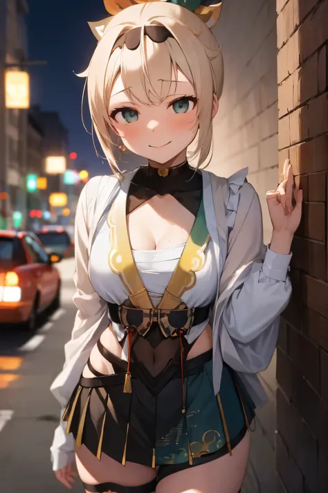 NSFW,masterpiece, best quality, high definition , very detailed,Kazama Iroha、 hair ornament、 headband、 ponytail 、 hair ornament、 headband、Bleaching、Haori、Belly button、Black gloves、 pleated skirt、Green skirt、White knee socks、 cleavage,Around town,Nightlife,...