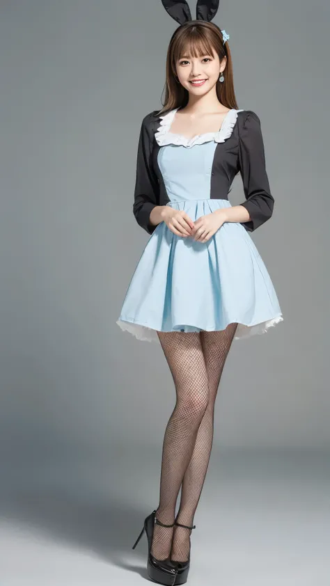 Bunny girl in a light blue maid outfit:1.5，Wearing light blue fishnet stockings:1.5， Best Smile :1.5，  full body shot :1.5， gray background :1.5， wearing black high heels:1.5，