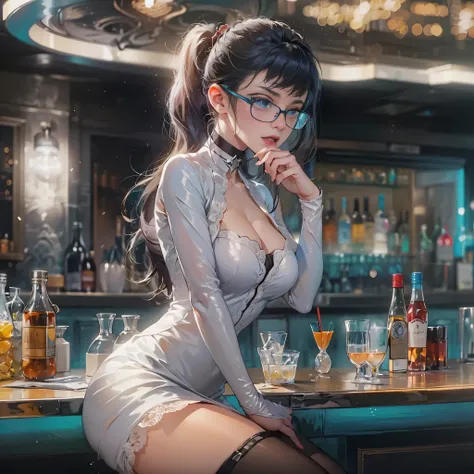 action shot a picture of a curvy woman (Masterpiece 1.5, intense details), full body, sitting in a bar, sipping a cocktail, wearing a white mini dress, slightly hiding the edge of white silk stocking, wearing high heels, smirking, glasses, black choker (in...