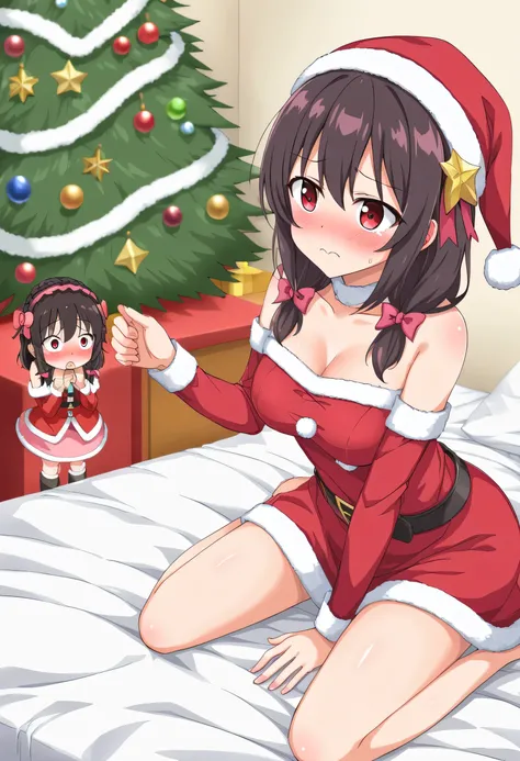 yunyun、masterpiece, best quality,  high definition ,(One person), Yunyun、  crown braid in the same color as hair,  black hair、 red eyes、 hair accessories , (Santa Claus costume with shoulders out )、 big-breasted 、(blush)、( christmas tree:1.2)、Looking up、( ...