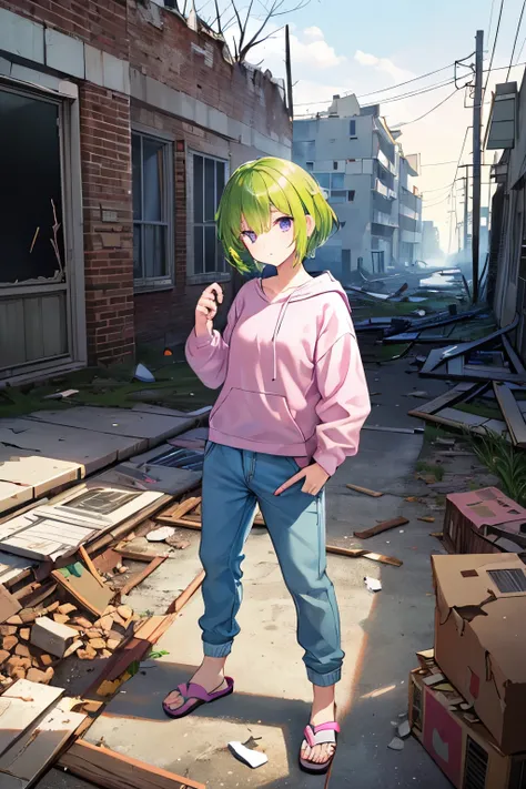  high definition ,Abandoned Building ,Half-Destroyed Buildings ,（Single family home）, Crumbling House , Unmaintained Yard, dead trees,Debris scattered, 1 girl,solo,Yellow-green hair,Glossy hair, short hair , purple eyes,Shining Eyes, pink sweats,Denim pant...