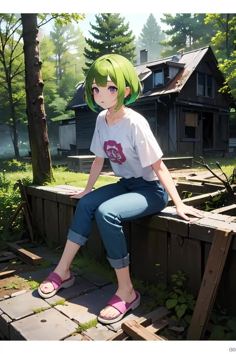  high definition ,In the forest,Abandoned Building ,Half-Destroyed Buildings ,（Single family home）, Crumbling House , Unmaintained Yard, dead trees,Debris scattered, 1 girl ,solo, yellow-green hair,Glossy hair, short hair, purple eyes,Shining Eyes, pink sw...