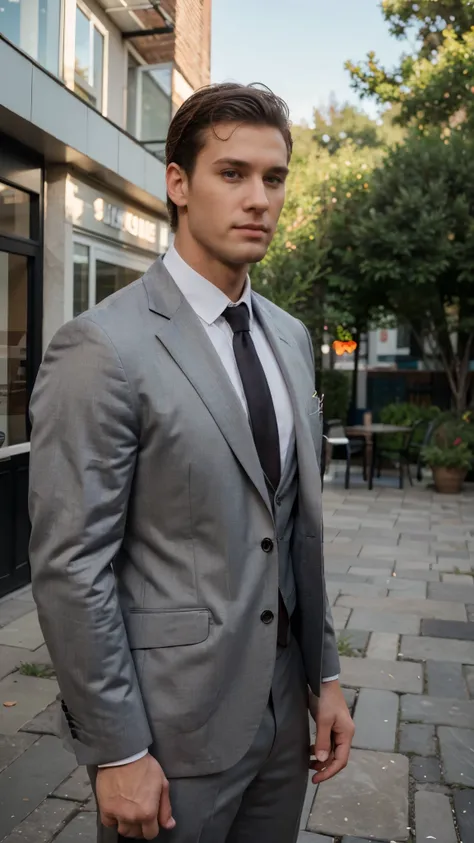 1man, suit, muscle, tall, realistic, handsome, handsome, realistic, Outdoors, blurred background, not looking at the camera