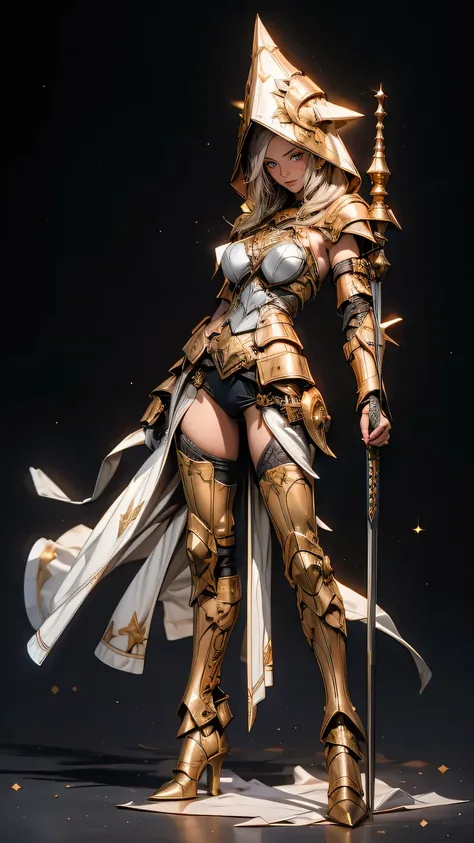 woman, fantasy metal armor, hooded, mole, hips up, fight action, gold theme,