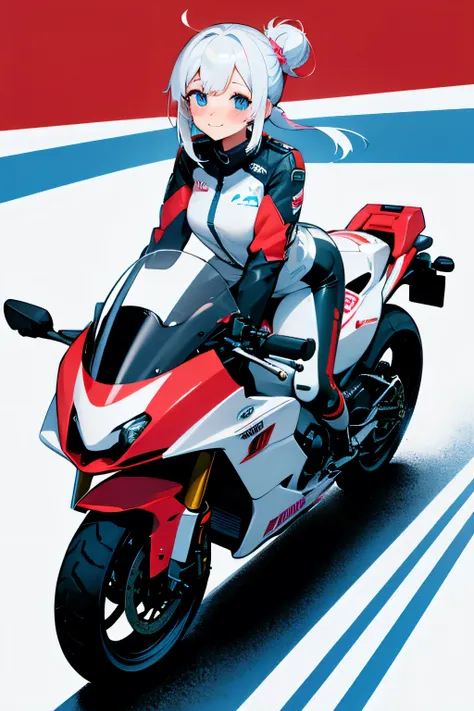 (High Quality, 1girl, solo, tied hair, blush, bangs, smile)
Girl, White Hair, Blue Eyes, hair tied bun, full body.
Motorcycle, white, honda.
