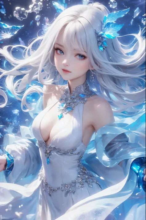 ((masterpiece)), ((( best quality))), (( Very detailed)), ((shape)),[ Realistic Light Effects ],shadow,( Fantasy Style ),(White background:1.6), simple background, (Earth Theme),(Cape)[(Hair Focus,(( one girl )),[( Big Slime Hair ): (Cloud Hair):0.3], (Bac...