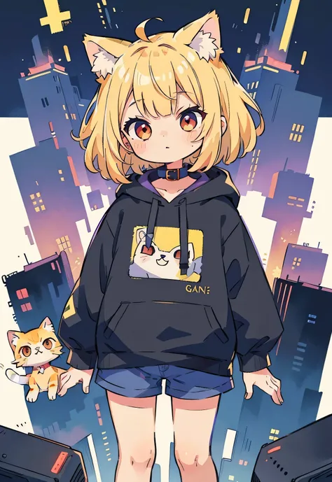 watercolor (Moderate):1.35,color splash, colorful , Flat Color ,// whole body, white background , simple background, blonde hair , short hair , 1 girl,bangs,Golden cat ears, red eyes, big eyes, High Quality , cyberpunk , quantum punk ,Nanopunk, masterpiece...