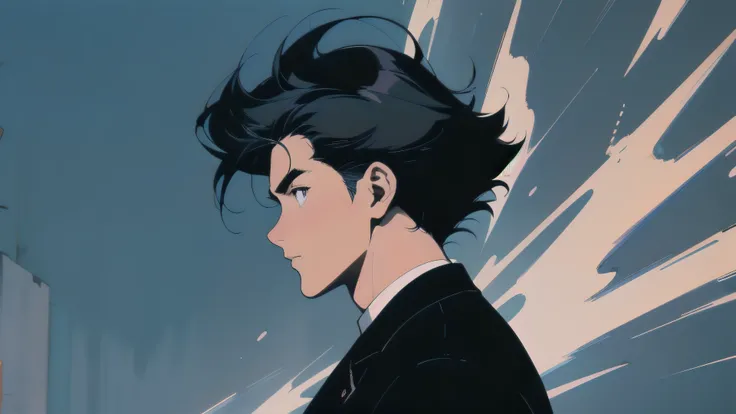 (((Masterpiece, Best Quality)))、(((32K Wallpaper)))、((Retro anime style with a handsome man in a black suit))、The most detailed background、Upper Body、(One person:1.2)、((((Model Pose: Walking, side view))))、(((Mysterious atmosphere)))、Perfect face, dark hai...