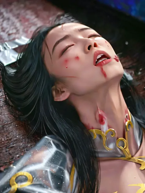 long hair, Silver Costume, camera angle of a girl seen from above , The unconscious , close your eyes, 、 The face screaming after receiving a powerful attack is accurately depicted, Anguished expression , In agony, injury, Bleeding, accurately depict...