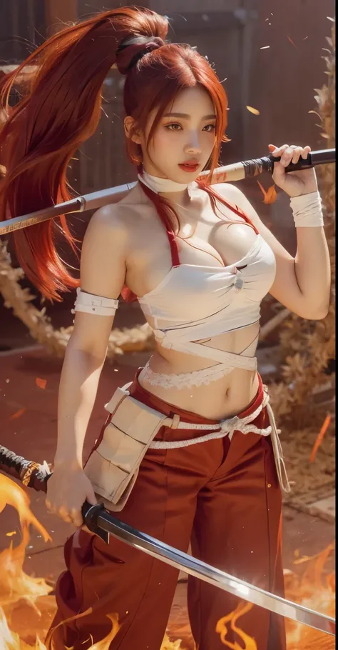 A  old girl with scarlet hair, holding two katana, with bandage on her chest, has red pants with yellow flame design