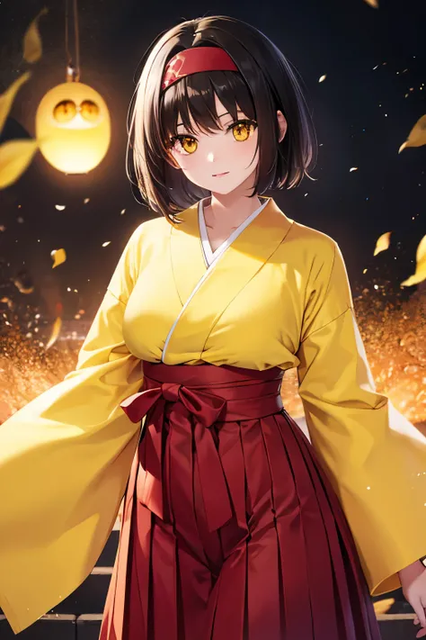 (8k, raw photo, masterpiece, extremely detailed, best quality, professional lighting, high res), BREAK beautiful and adorable girl, pokemonerika, (yellow eyes:1.5), black hair, headband, short hair, japanese clothes, kimono, hakama, red hakama, long sleeve...