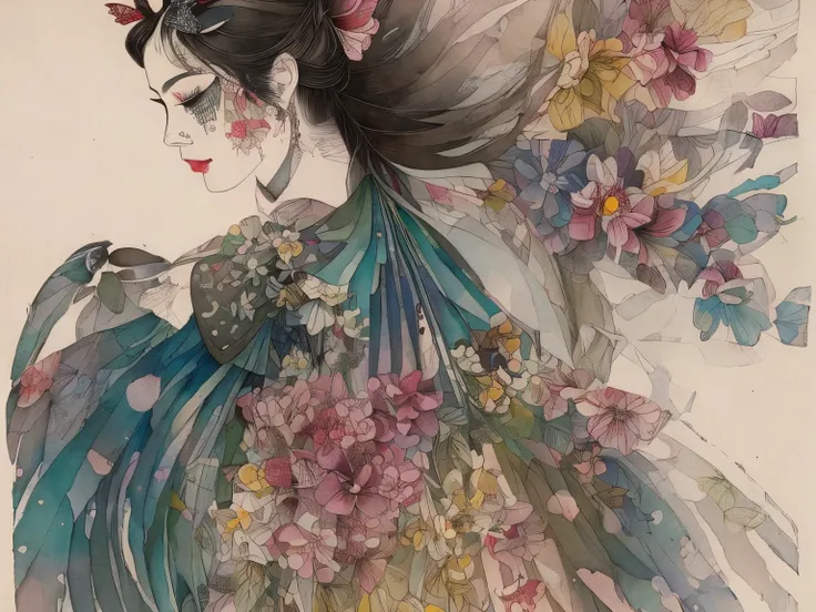 A woman wearing a butterfly mask ( Ink on Japanese paper ,  that tends to bleed easily )( contemporary art like a picture book) ( transparent watercolor ) ( The light itself expressed as real ) (layers of soft , three rich colors ) ( shades of paint dissol...