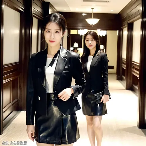 Original photo。(( All Young Women Microskirt ))。Government PR magazine cover。((black linen suit jacket ))。 Extremely Short Leather Miniskirt 。 Young Women Wearing Large Numbers of Business Suits 。Entrance to Congress Hall 。 solemn atmosphere 。Person in for...