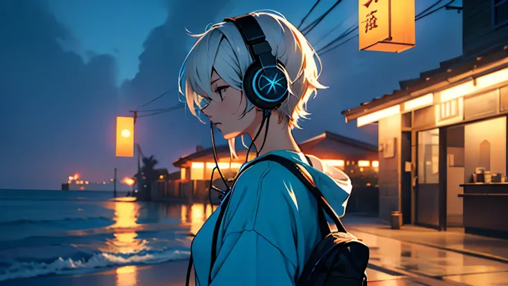 Woman facing forward、 are cool、cool、The background is the night sea、 wearing headphones、 quiet atmosphere 、