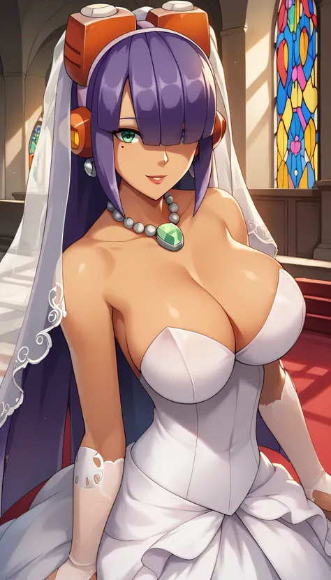 1girl, breasts, dress, wedding_dress, jewelry, veil, solo, cleavage, smile, necklace, , bridal_veil, earrings, large_breasts, , long_hair, makeup, white_dress, gloves, bare_shoulders, window, indoors, looking_at_viewer, , , strapless, , bridal_gauntlets, p...