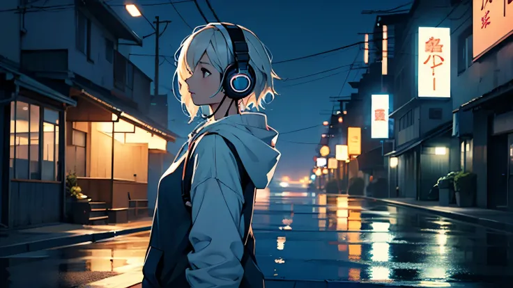 Woman facing forward、 are cool、cool、The background is the night sea、 wearing headphones、 quiet atmosphere 、midnight