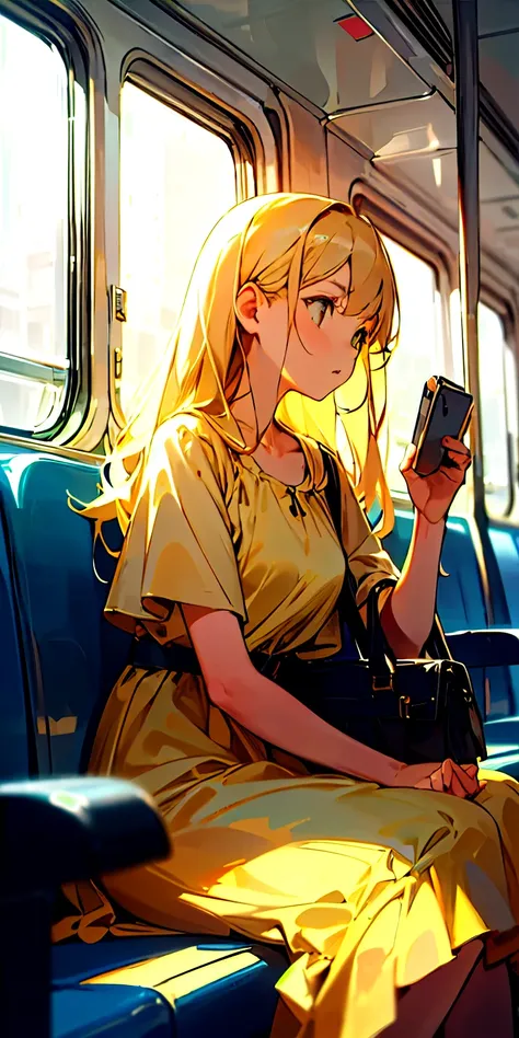 (masterpiece, best quality),1girl subway interior, sitting on train seat, urban setting, modern subway car, side view, seated position, looking away, focus on character, depth of field, long blonde hair, flowing hair, natural light reflections, yellow dres...