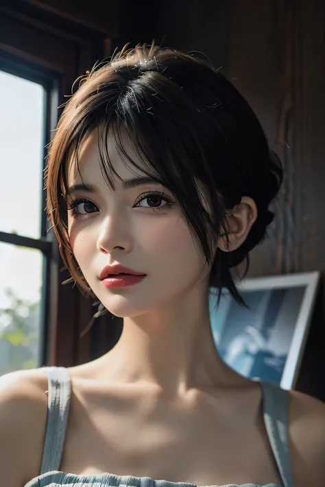 (  masterpieces in the background :1.3), (8k,   Photorealistic,   RAW photo,   best quality: 1.4), (  1 girl),   facial beauty, (  realistic face), (  black hair,   very short hair:1.3),   Beautiful Hairstyles ,   Real Eyes ,   beautiful detailed eyes, ( r...