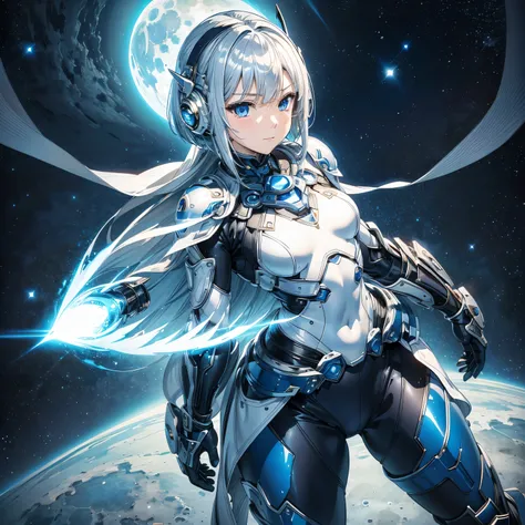 (masterpiece、 best quality、 highest resolution、 clear _image、 Detailed Details): (Whole body、A 20 year old girl、Japanese Faces、 small face、 slender、 dark blue super short bob cut hair、(Hidden small breasts:1.3)、 Sparkling Blue Eyes 、Shiny pilot suit in whi...