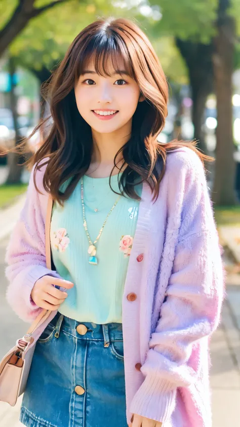  cute 20-year-old Japanese woman、 wearing a pastel colored cardigan over a floral cardigan、Lunch park date 、 standing pose、 fluffy bob hair with infinitely loose waves 