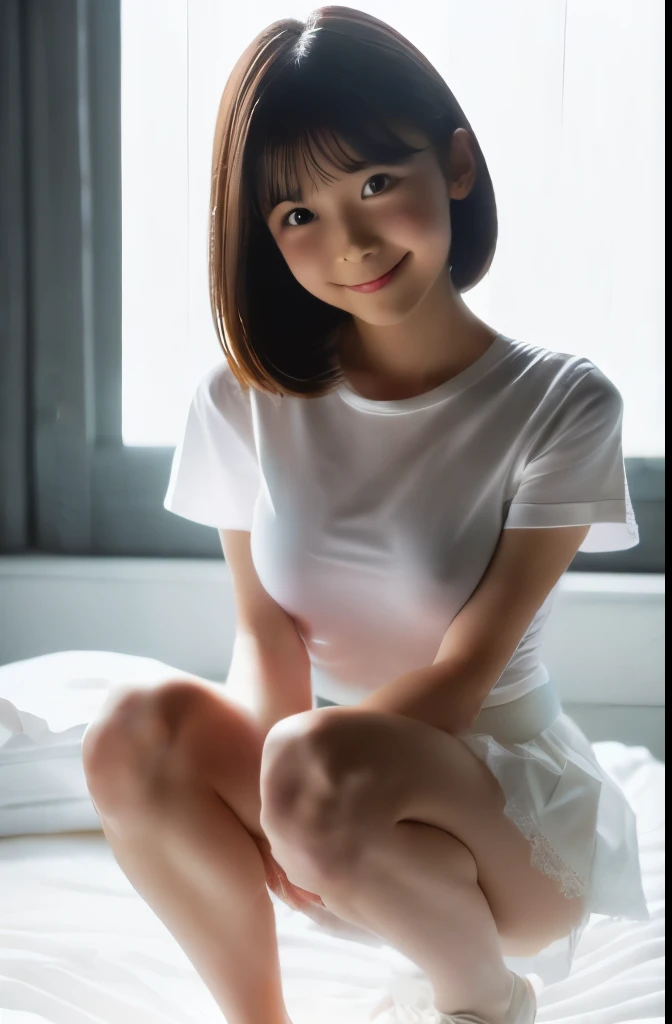 (masterpiece, highest quality:1.2), ((big chest:1.2)), 8k, ((white plain t-shirt:1.2)), ((full body:1.2)). ((Beautiful legs:1.2)),  ((white pleated mini skirt:1.2)), 85mm,Official AR RAW Photos, Super slim slender beautiful girl, big breasts, ((Cute Face:1...