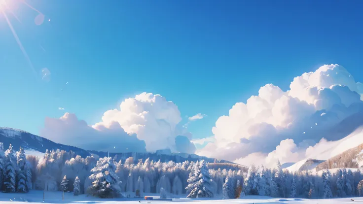  blue snowy sky , with snowfall ,  sunny day in winter. background, anime cloud style