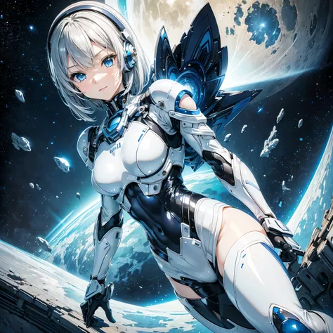 (masterpiece、 best quality、 highest resolution、 clear _image、 Detailed Details): (Whole body、A 20 year old girl、Japanese Faces、 small face、 slender、 dark blue super short bob cut hair、(Hidden small breasts:1.3)、 Sparkling Blue Eyes 、Shiny pilot suit in whi...