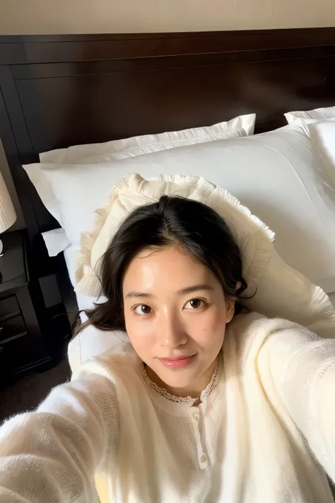 A woman, nestled in the plush, white linens of her hotel bed, captures a serene (selfie:1.8) just after waking up. She’s wearing a soft, silk nightgown, with the morning light filtering through sheer curtains behind her. Her expression is peaceful, with a ...