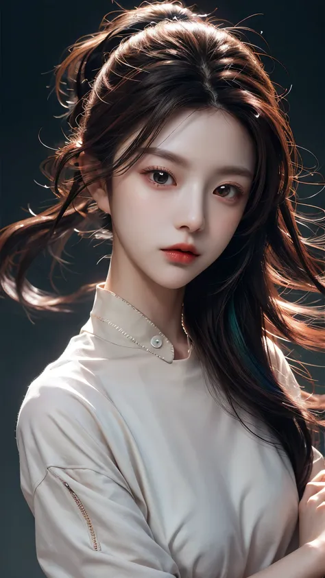 ( large silhouette top with colorful colors, casual clothing and mode type :1.0), 8k wallpaper, wonderful, (masterpiece), ( top quality), ( Very detailed ), (illustration), ( extremely delicate and beautiful ),dynamic angle,rainbow hair , Detailed and cute...