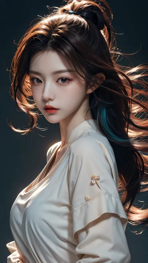 ( large silhouette top with colorful colors, casual clothing and mode type :1.0), 8k wallpaper, wonderful, (masterpiece), ( top quality), ( Very detailed ), (illustration), ( extremely delicate and beautiful ),dynamic angle,rainbow hair , Detailed and cute...