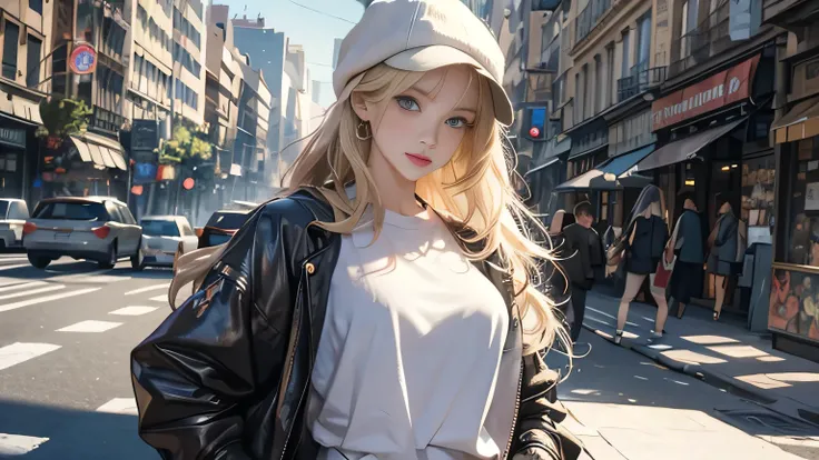 Photo of a beautiful blonde Caucasian woman standing on a street corner, Perfect model figure, Stylish pants style,  Stylish Jacket , Colorful purple shirt,  Stylish Hats , Very stylish, with influence of Jeremy Mann, Jeremy Mann, style of Jeremy Mann, Jer...