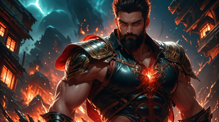 (( better quality )), (( masterpiece)), (Detailed),  perfect cara .  Cara with a rojo color . Very strong male body. big muscle .  War with pesada weapons and ligera .  coraza de aceros de diferentes colores con ropas geniales.  especially dorada de hoja a...