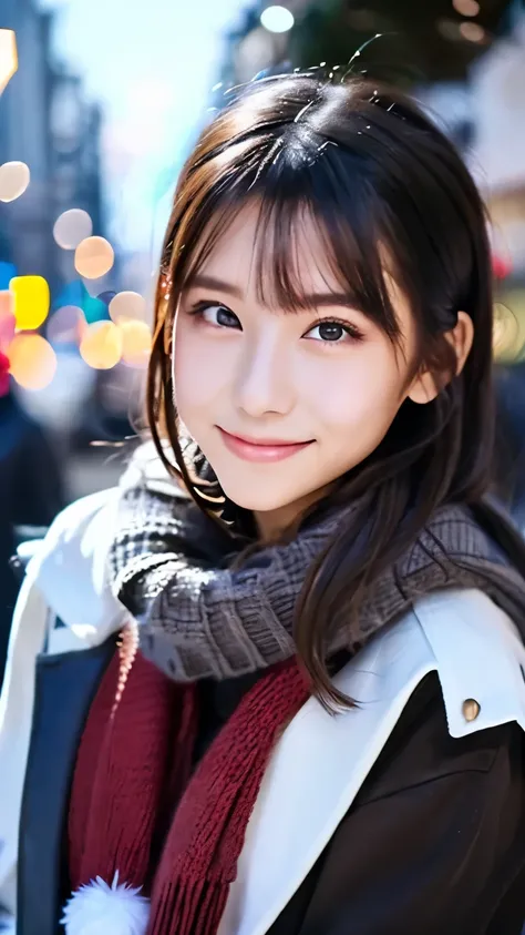 (Wore a winter uniform and scarf coat、 Close-up portrait of a girl with long hair and dull bangs:1.5)、(one person*** wearing a winter uniform and scarf coat spreads her arms and has a shy smile :1.5)、Age 25、( Christmas decorations on a street corner on a s...