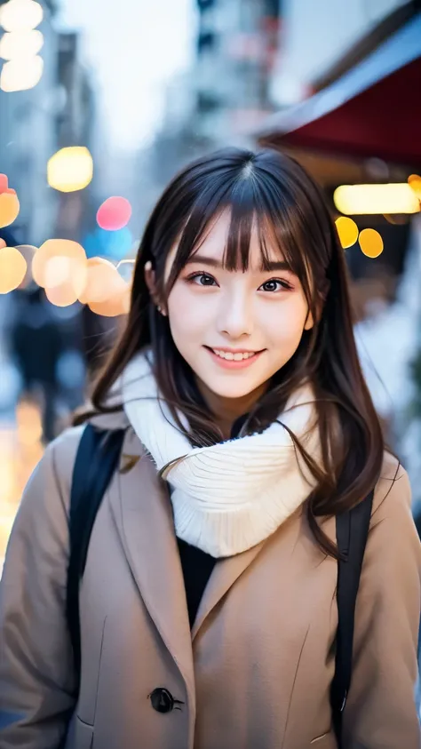 (Wore a winter uniform and scarf coat、 Close-up portrait of a girl with long hair and dull bangs:1.5)、(one person*** wearing a winter uniform and scarf coat spreads her arms and has a shy smile :1.5)、Age 25、( Christmas decorations on a street corner on a s...