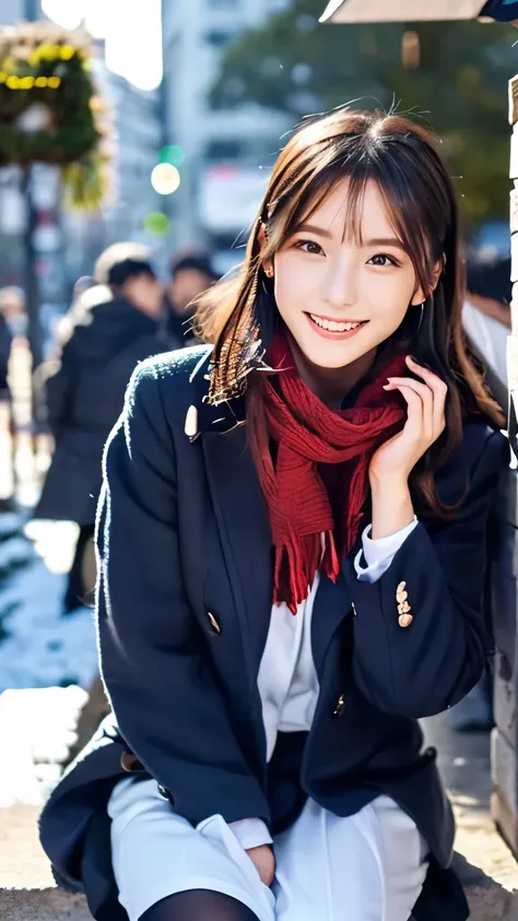 (Wore a winter uniform and scarf coat、 Close-up portrait of a girl with long hair and dull bangs:1.5)、(one person*** wearing a winter uniform and scarf coat spreads her arms and has a shy smile :1.5)、Age 25、( Christmas decorations on a street corner on a s...