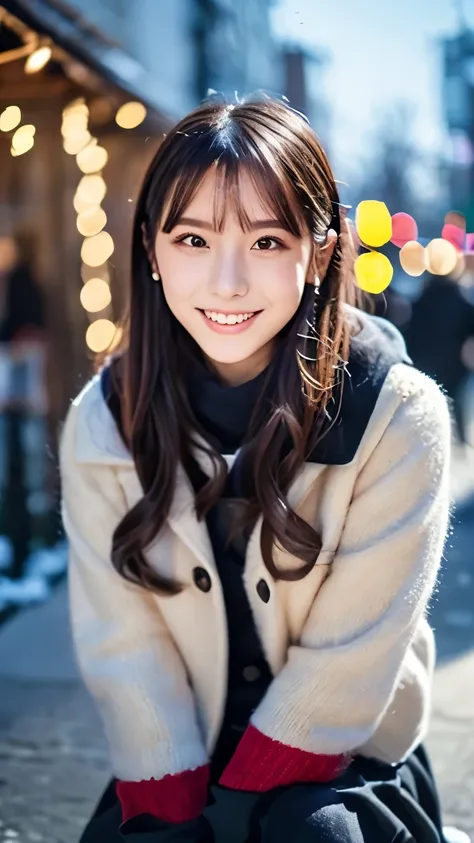 (Wore a winter uniform and scarf coat、 Close-up portrait of a girl with long hair and dull bangs:1.5)、(one person*** wearing a winter uniform and scarf coat spreads her arms and has a shy smile :1.5)、Age 25、( Christmas decorations on a street corner on a s...