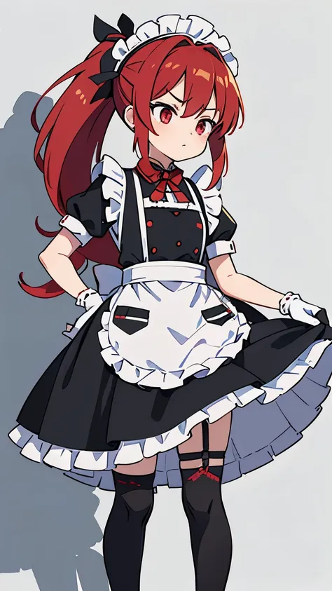  Generate an image of an anime-style girl with a combat maid appearance .  She has long, red hair tied in a high ponytail ,  secured with a black ribbon ,  and locks of hair fall marking their face . his eyes are red,  giving her an intense look .  She wea...