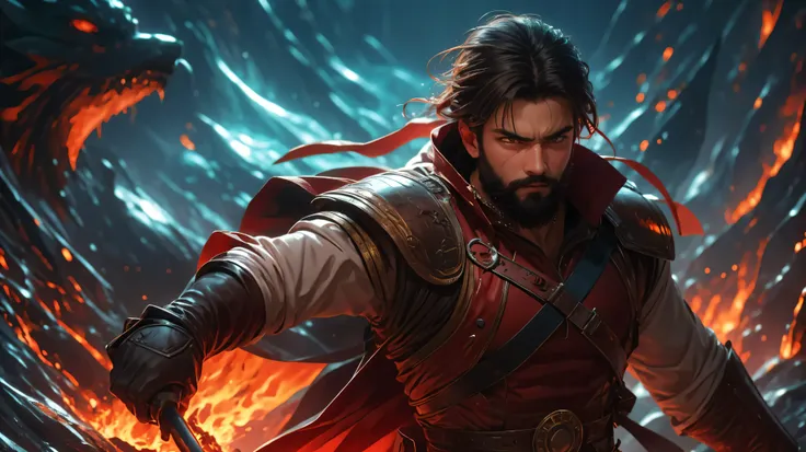 (( better quality )), (( masterpiece)), (Detailed),  perfect cara .  Cara with a rojo color . Very strong male body. big muscle .  War with pesada weapons and ligera .  coraza de aceros de diferentes colores con ropas geniales.  especially dorada de hoja a...