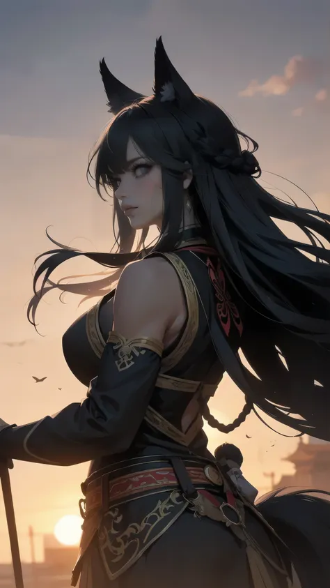 A woman,human,tanned dark skin,long black hair with a braided behind her back,black eyes,expressionless,mongolian, dark female Mongolian national costume 1200-1300,tall,strong,muscles anatomy(muscle),cold,angular face,gray wolf ears on top of the head,dyna...