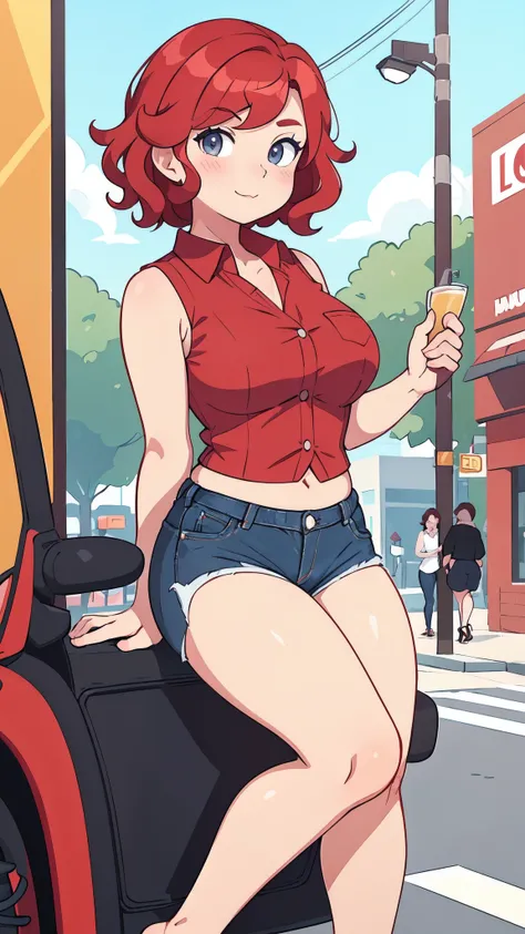   masterpiece ,  best quality, 1 ,  red hair ,  wavy hair, Very Short Hair,  collared shirt,  partially unbuttoned, cropped jeans , mature female, cartoon style,  chubby,  Public places  , feet outside the box , sleeveless