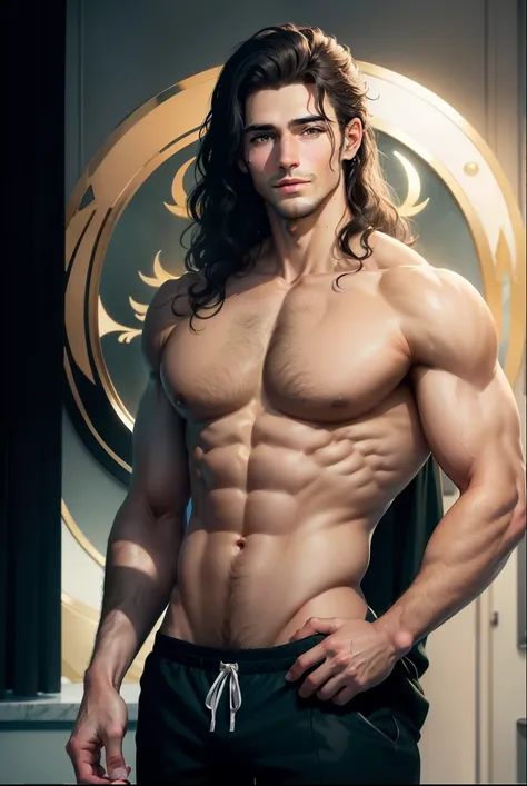 
 based on this photo create the image of a  young man with green eyes , white skin 1, 80 tall and 90 kilos ,  body and size of a professional swimmer and dancer ,  sweet features and feline eyes ,  wavy black hair very long at chest height ,  he has the a...