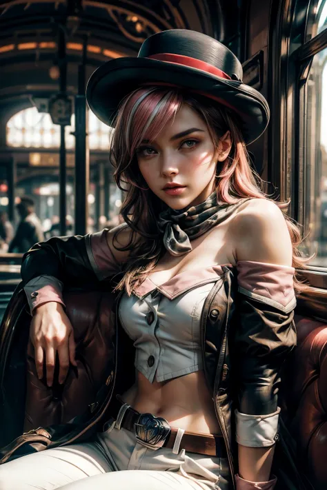 pink and brown hair, multicolored hair, neopolitanatlas, bowler hat, grey scarf, white gloves, white shirt, off-shoulder shirt, black sleeves, midriff, white belt, white pants, night, stars, sitting inside ancient train station, crowd, cowboy shot, masterp...