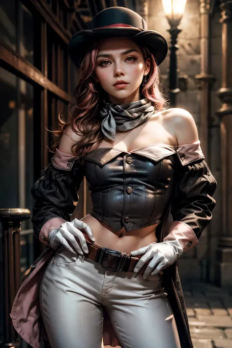 pink and brown hair, multicolored hair, neopolitanatlas, bowler hat, grey scarf, white gloves, white shirt, off-shoulder shirt, black sleeves, midriff, white belt, white pants, night, stars, standing on deck of ship, sea, small crowd, cowboy shot, masterpi...