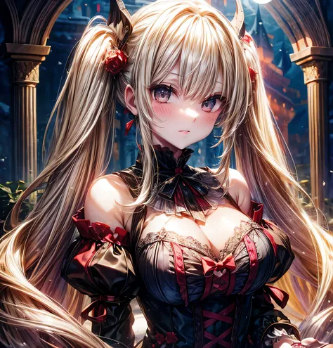 　Beauty　 Blonde Long Twin Tails　Bangs　　 sexy dress　 luxury decoration 　Dracula&#39;s Castle　 full moon　night　Snow Scene　Walking on a spiral staircase