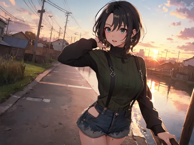 Solo, 1 Female, (Human Ear, Earring), (Black Hair), (Cool Pose), (Anime Face, Ahegao), (Leather Suspenders, Cable Sweater, Denim Shorts, Stockings), (Sunset Sky, Sunset, Evening Sky), (Focus on Breast), (UHD, Retina, Masterpiece, Accurate, Anatomically Cor...