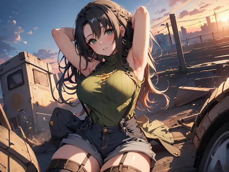 Solo, 1 Female, (Human Ear, Earrings, 3D Breasts), (Black Hair, Long Hair Down), (Lying with Arms Behind Head), (Anime Face, Ahegao), (Hair Accessories), (Suspenders, Bust Supporter, Long Cable Knit Sweater, Denim Shorts, Garter Belt, Stockings), (Sunset ...